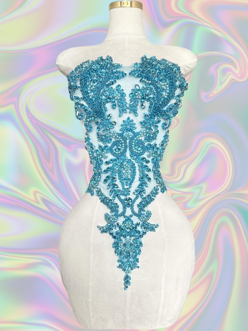ArtistryXB Handmade Rhinestones Lace Bodice Applique Sew on Beads Sequins Trimming Patches for Dress Clothing Accessories 1Pcs/Bag (Sky Blue) - Image 4